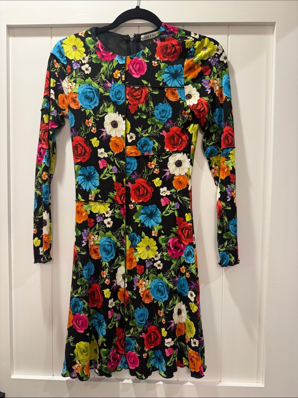 Alice + Olivia Black Long-Sleeve Floral Fit-and-Flare Dress